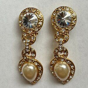 Vintage Gold Tone Rhinestone Faux Pearl Dangle Clip On Earrings 2.5" STUNNING!